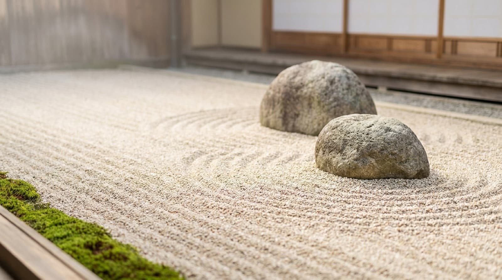 Japanischer Steingarten mit fein geharktem hellem Kies, der in gleichmäßigen Linien um zwei runde graue Steine verläuft, vorn ein Moosstreifen im weichen Morgenlicht