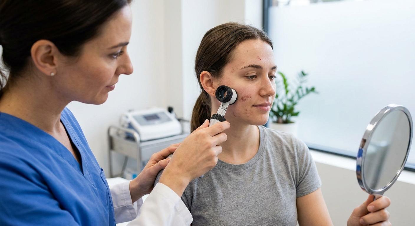 Dermatologin untersucht atrophe Aknenarben an der Wange mit einer Lupenleuchte
