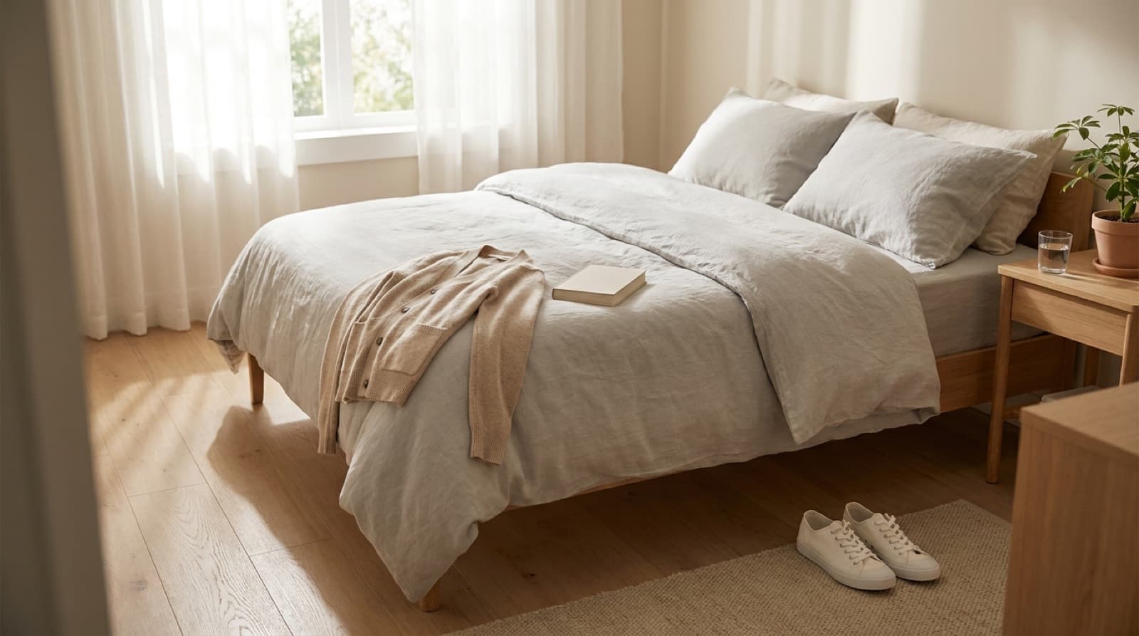 Helles, aufgeräumtes Schlafzimmer mit gemachtem Bett, gefalteter Strickjacke, Buch, Wasserglas und Turnschuhen vor dem Bett