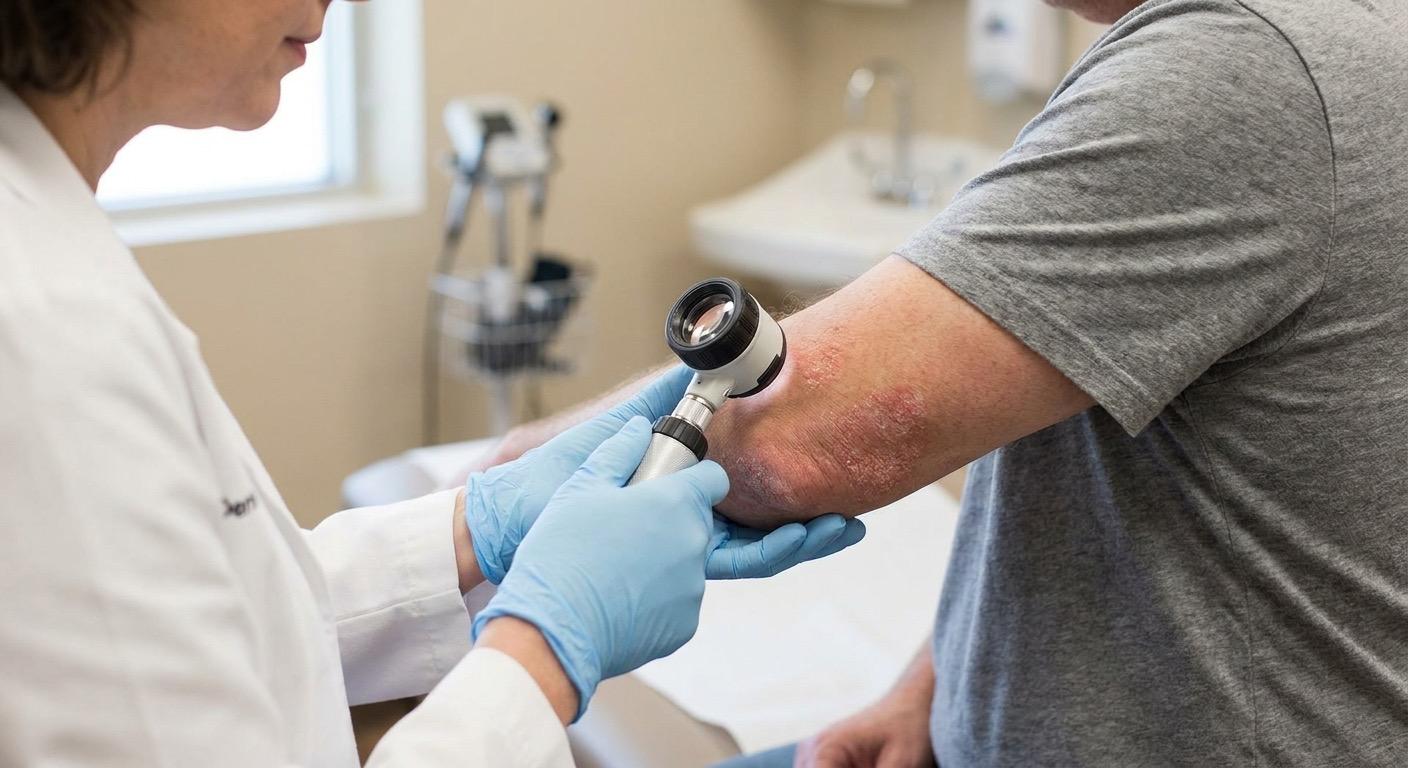 Dermatologin untersucht scharf begrenzte, silbrig schuppende Psoriasis-Plaques am Ellenbogen eines Patienten