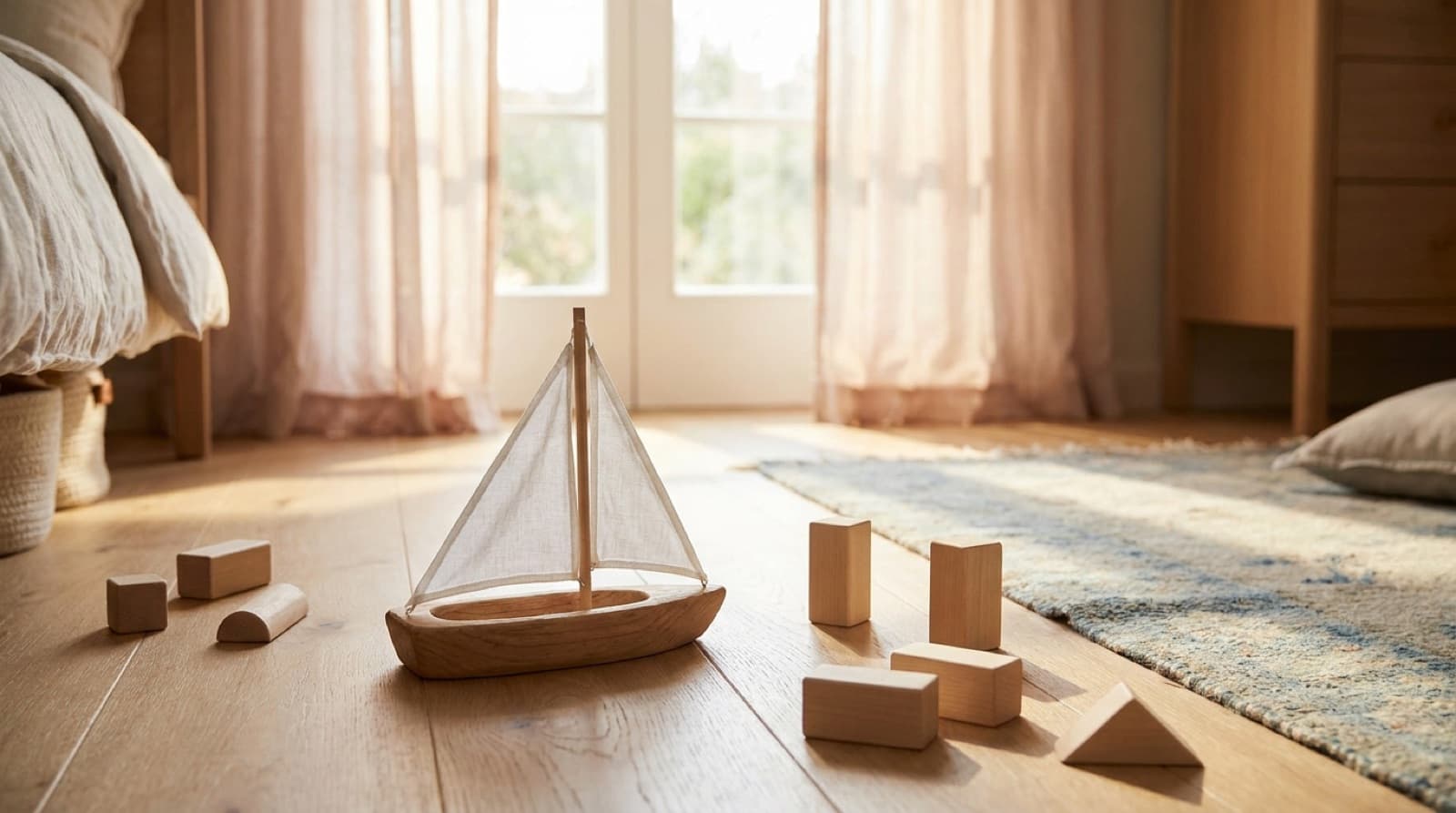 Hölzernes Spielzeugsegelboot mit weißem Stoffsegel und einige unbemalte Holzbauklötze auf dem hellen Holzboden eines sonnigen Zimmers mit Leinenvorhängen