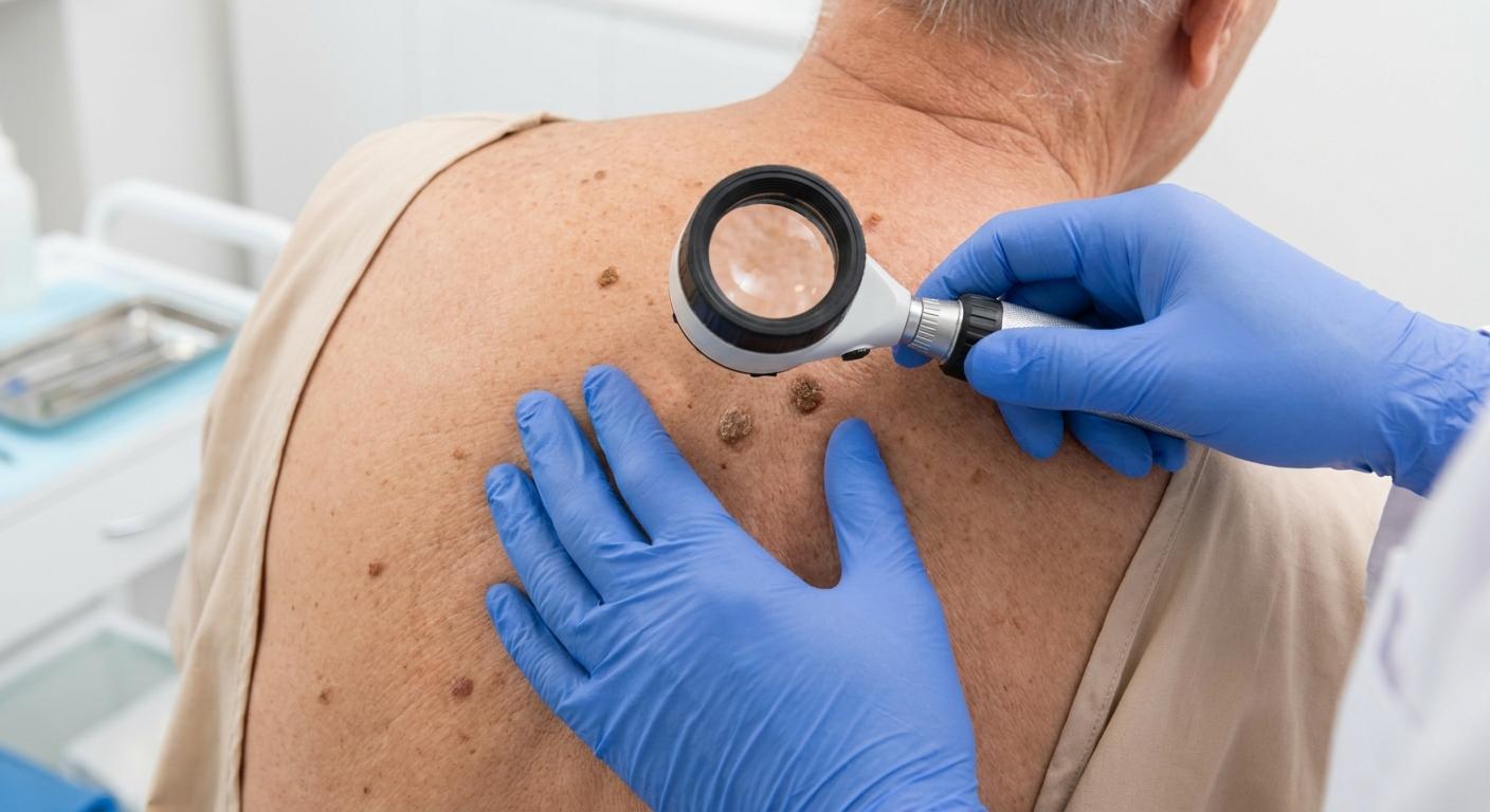 Hautärztin untersucht Alterswarzen am Rücken mit dem Dermatoskop
