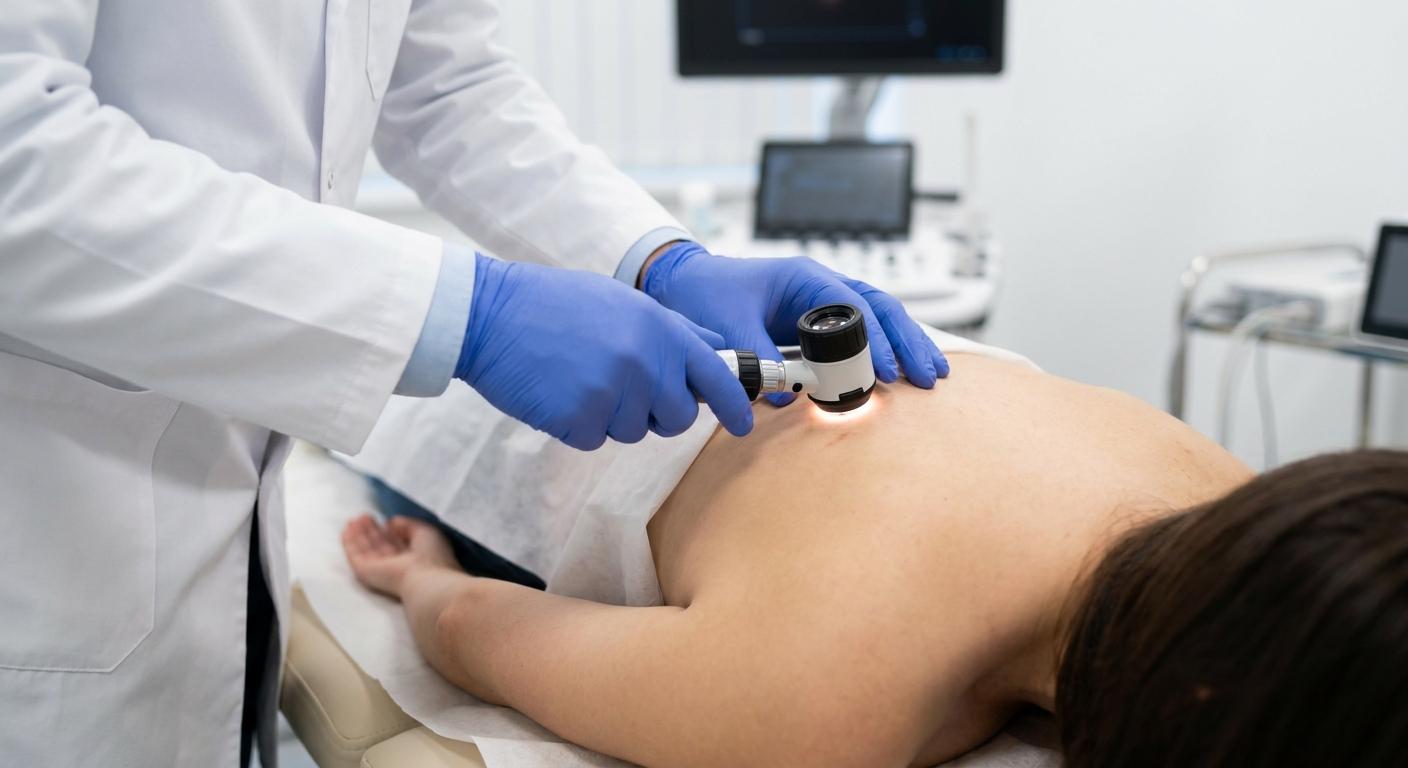 Hautärztin untersucht den Rücken einer Patientin mit dem Dermatoskop beim Hautkrebs-Screening