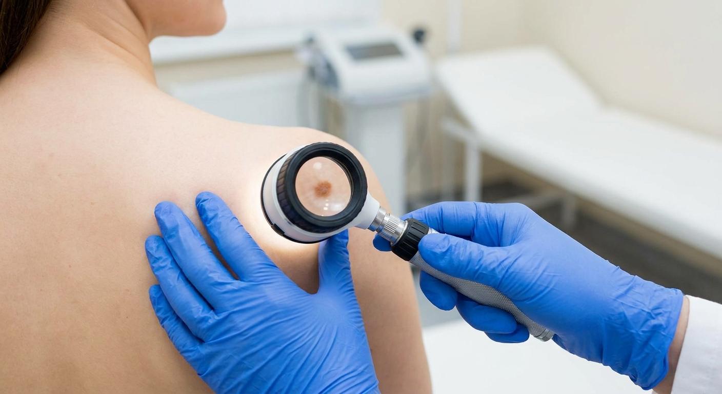 Hautärztin untersucht ein pigmentiertes Muttermal an der Schulter mit dem Dermatoskop