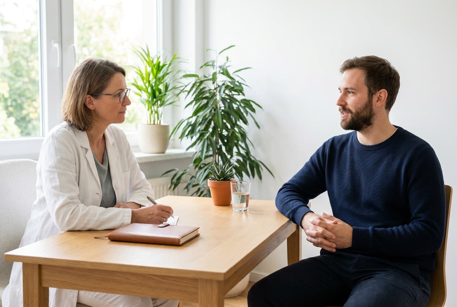 Ärztin im weißen Kittel im Gespräch mit einem erwachsenen Patienten an einem Holztisch in einem hellen Sprechzimmer