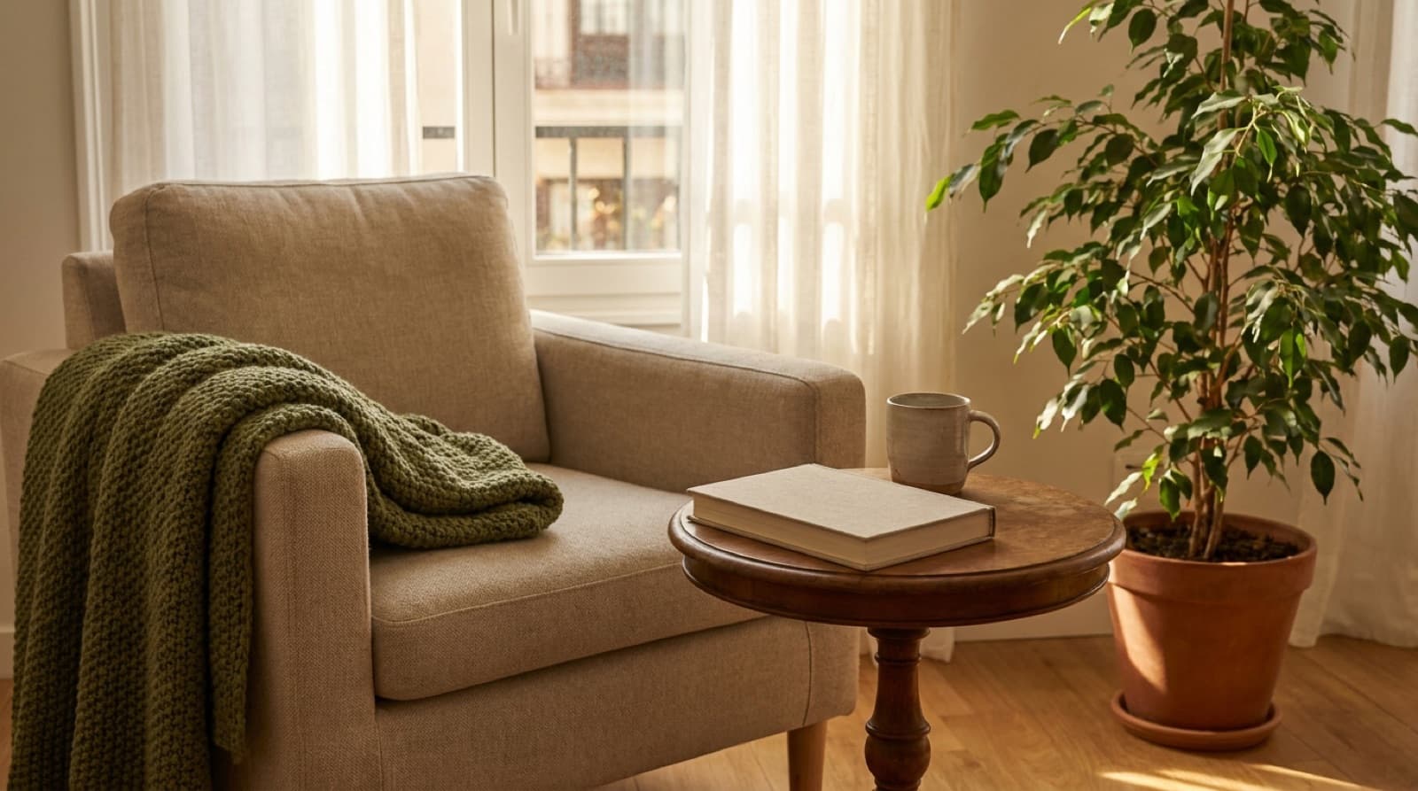 Gemütliche Leseecke mit einem beigen Sessel, über dessen Lehne eine moosgrüne Strickdecke liegt, daneben ein runder Holztisch mit geschlossenem Buch und Tasse, dahinter ein Fenster mit hellen Vorhängen im warmen Nachmittagslicht