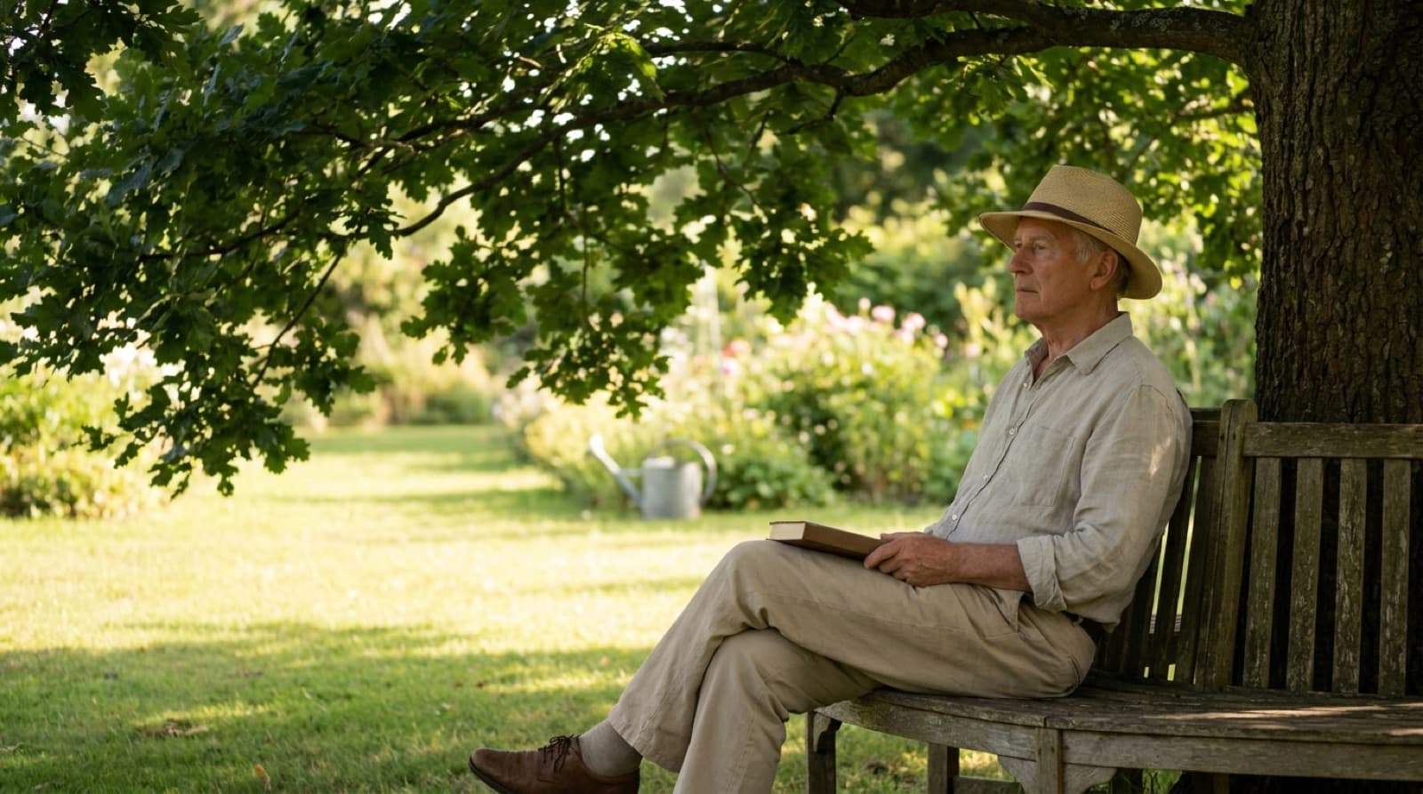 Älterer Mann mit breitkrempigem Strohhut und langer Leinenkleidung sitzt mit einem Buch auf einer Gartenbank im Schatten eines Baumes