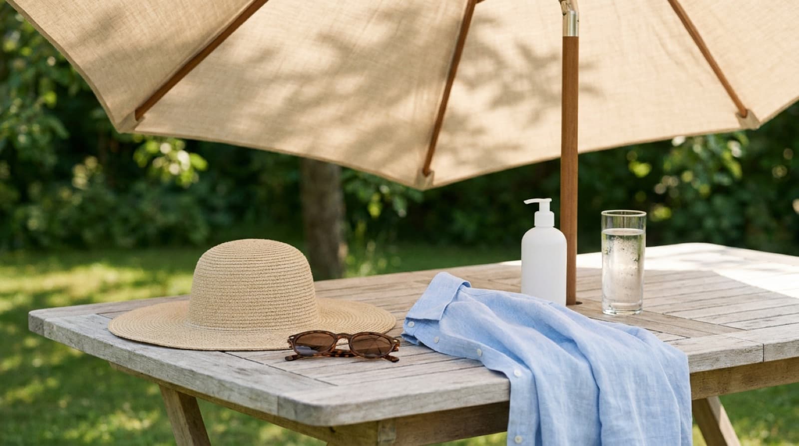Strohhut, Sonnenbrille, ein langärmeliges Leinenhemd und eine Flasche ohne Etikett auf einem Gartentisch im Schatten eines Sonnenschirms