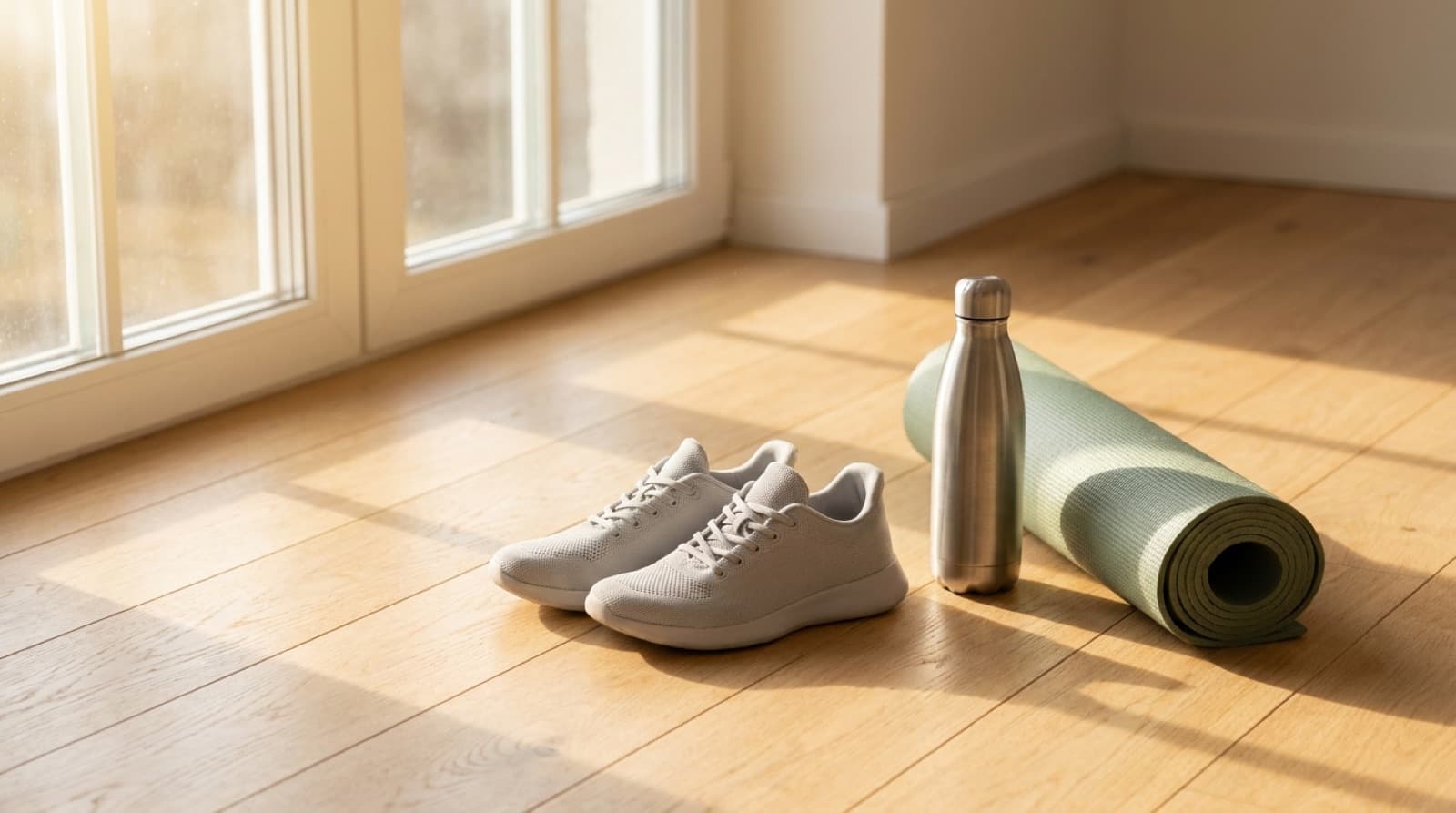 Ein Paar hellgraue Laufschuhe, eine Edelstahl-Trinkflasche und eine zusammengerollte salbeigrüne Yogamatte auf einem hellen Holzboden im warmen Morgenlicht vor einem Fenster