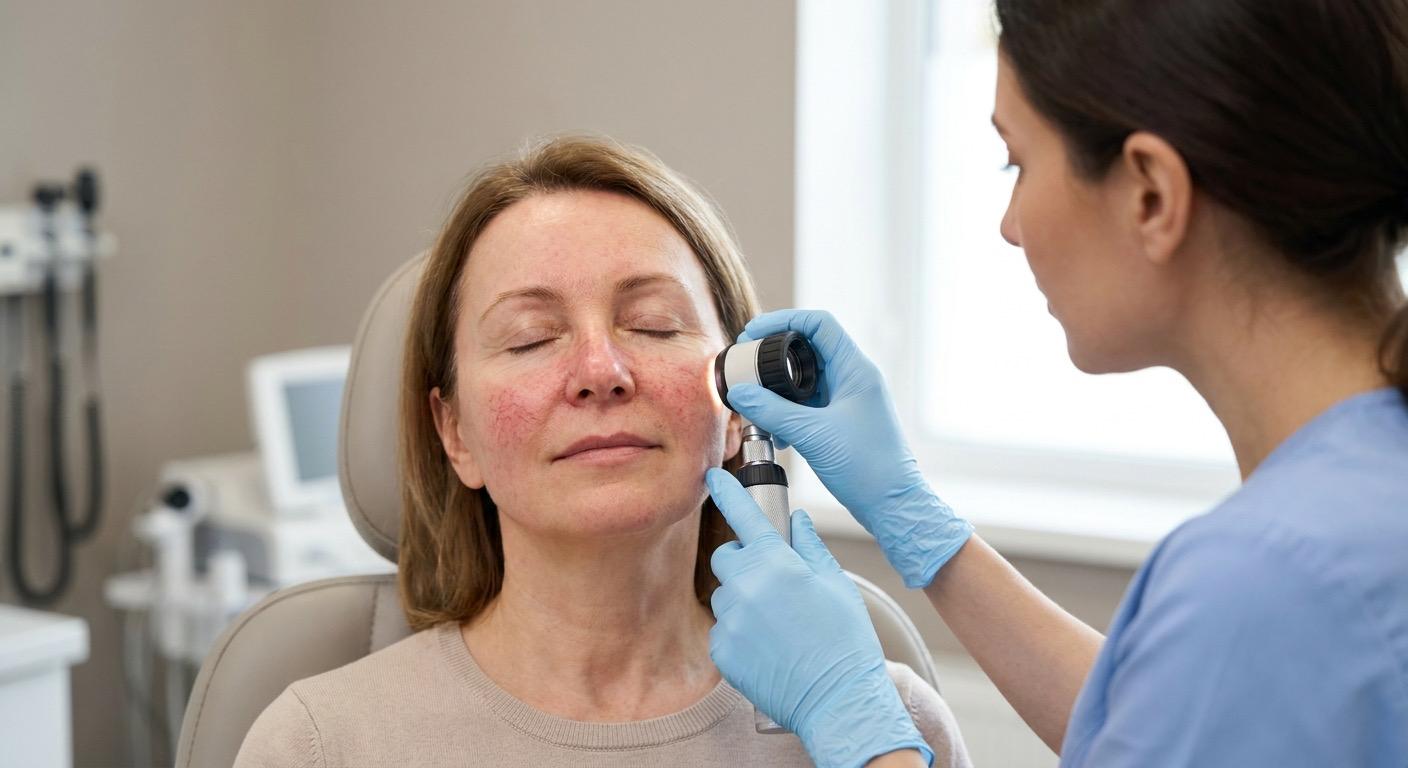 Dermatologin untersucht Couperose an der Wange einer Patientin mit dem Dermatoskop