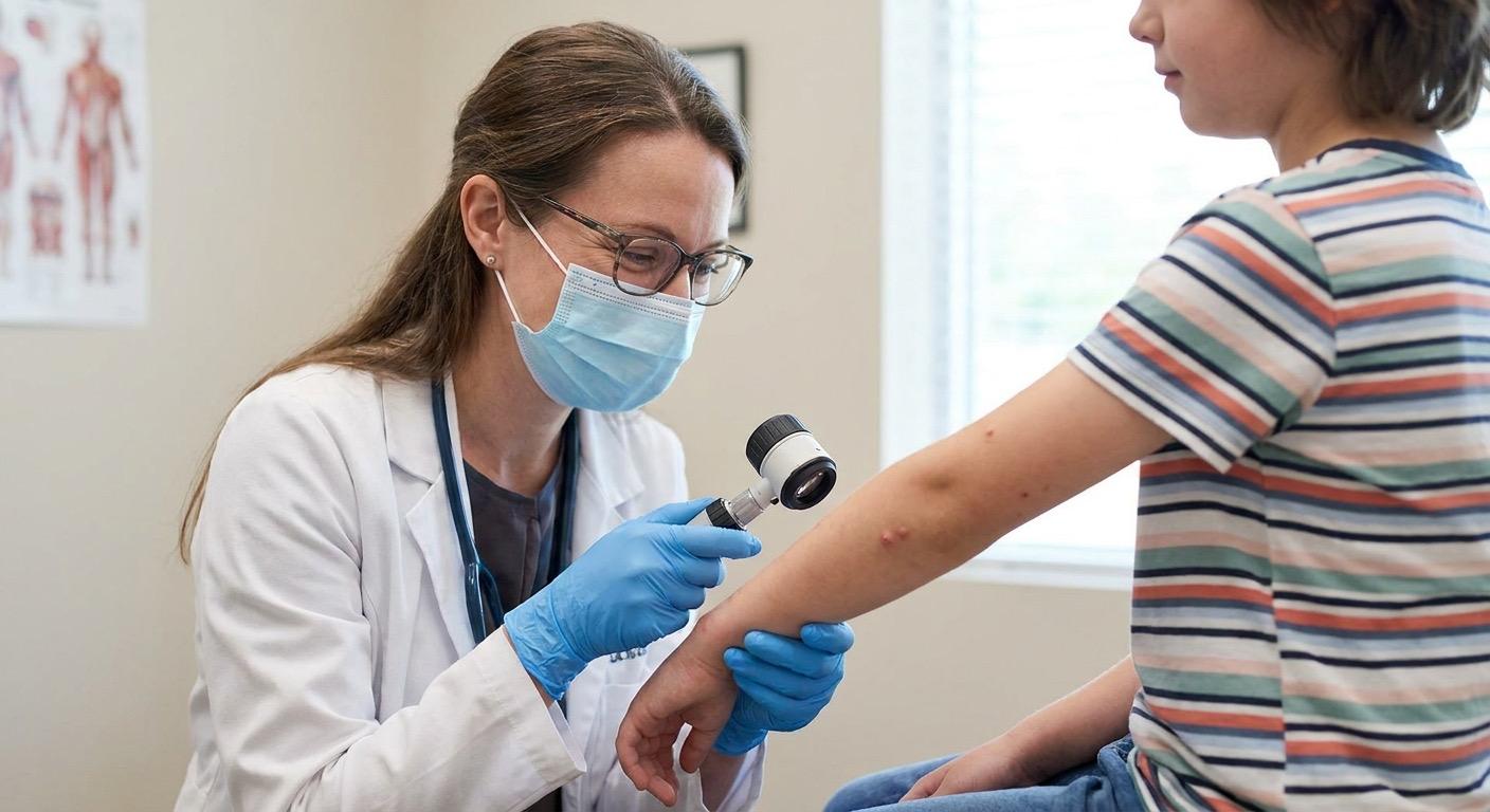 Hautärztin untersucht Dellwarzen am Arm eines Kindes mit dem Dermatoskop