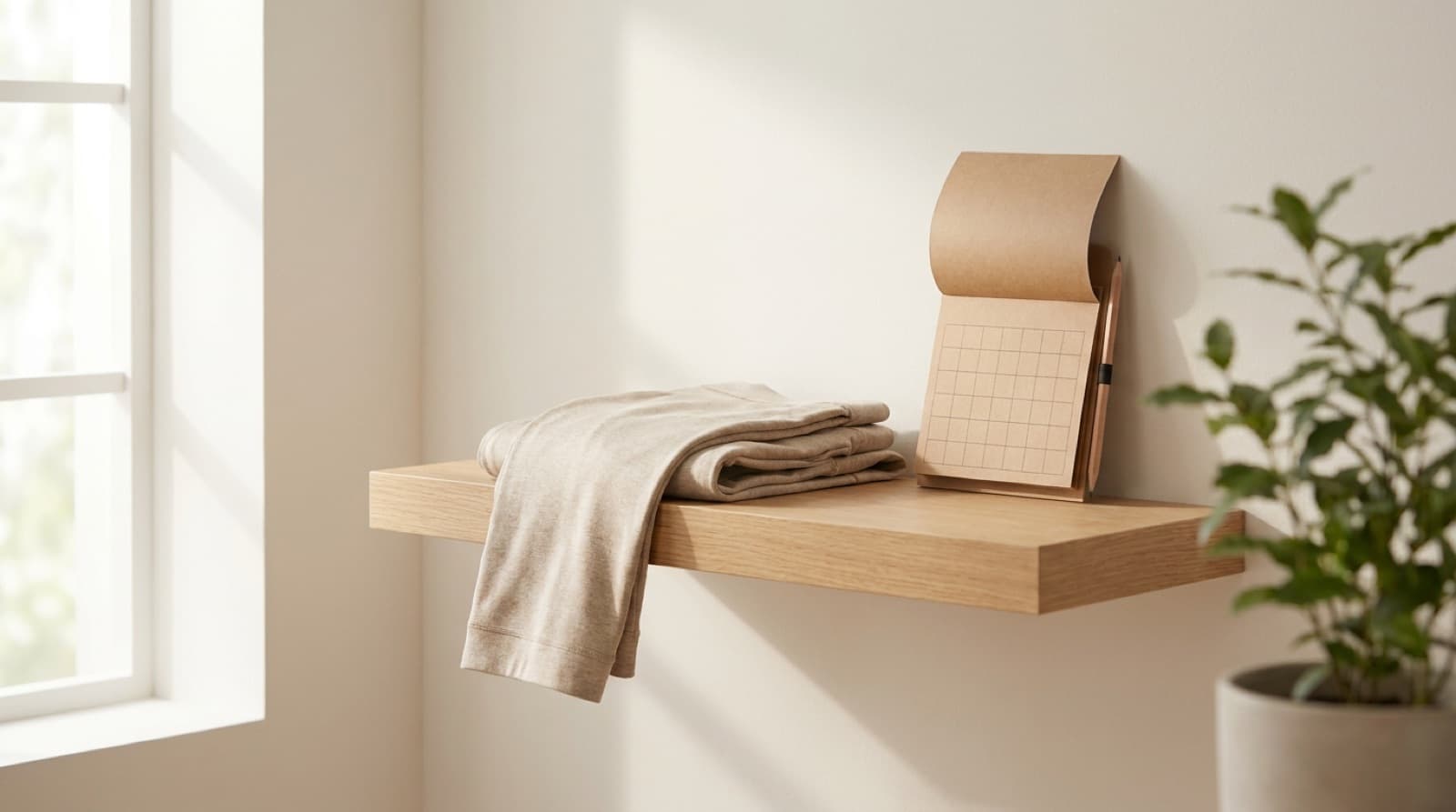 Gefaltetes beiges Kleidungsstück aus Kompressionsstoff und ein Tischkalender aus Papier auf einem hellen Holzregal im Tageslicht, daneben eine Grünpflanze