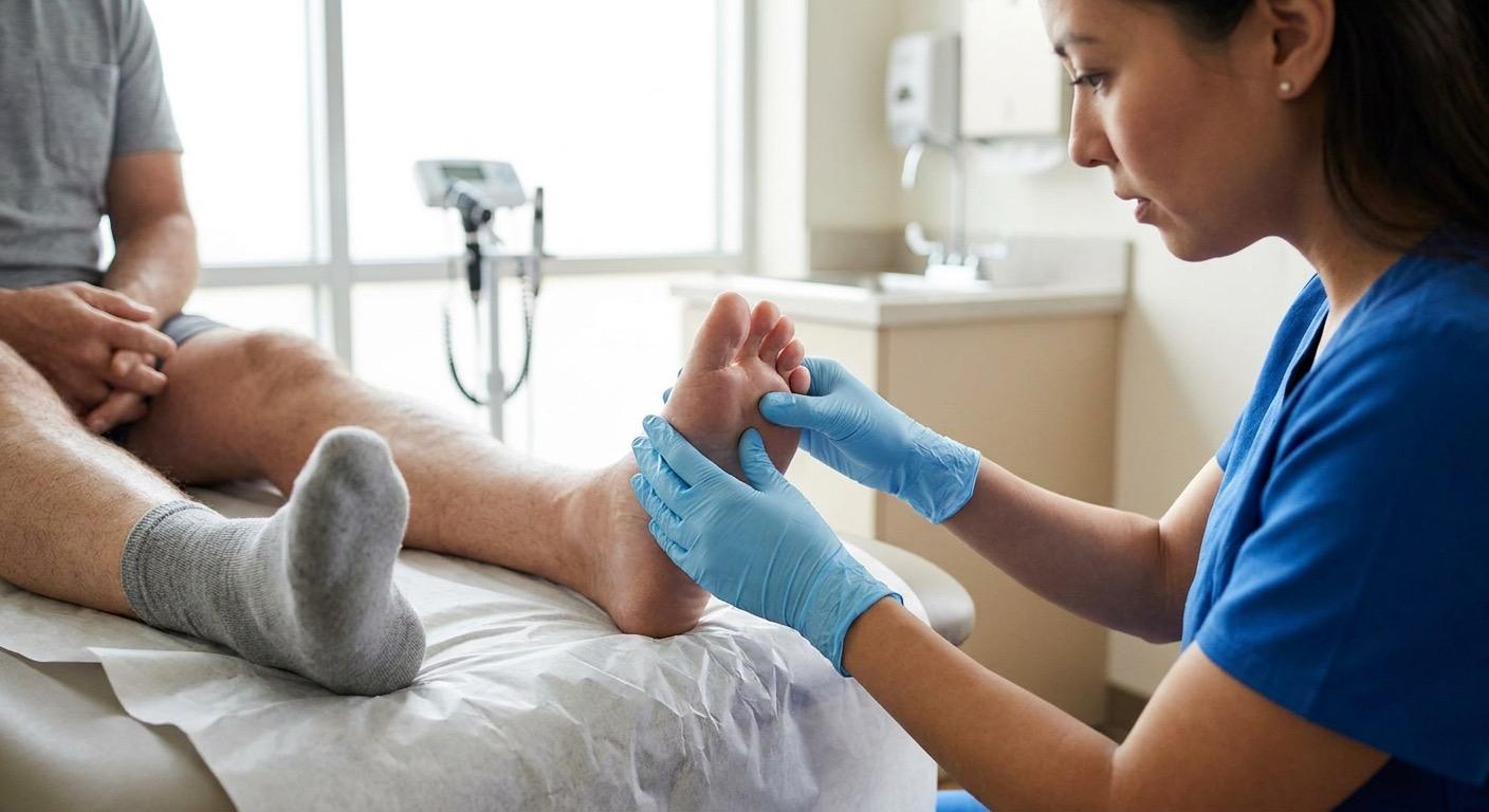 Hautärztin untersucht den Fuß eines Patienten auf Anzeichen von Fußpilz