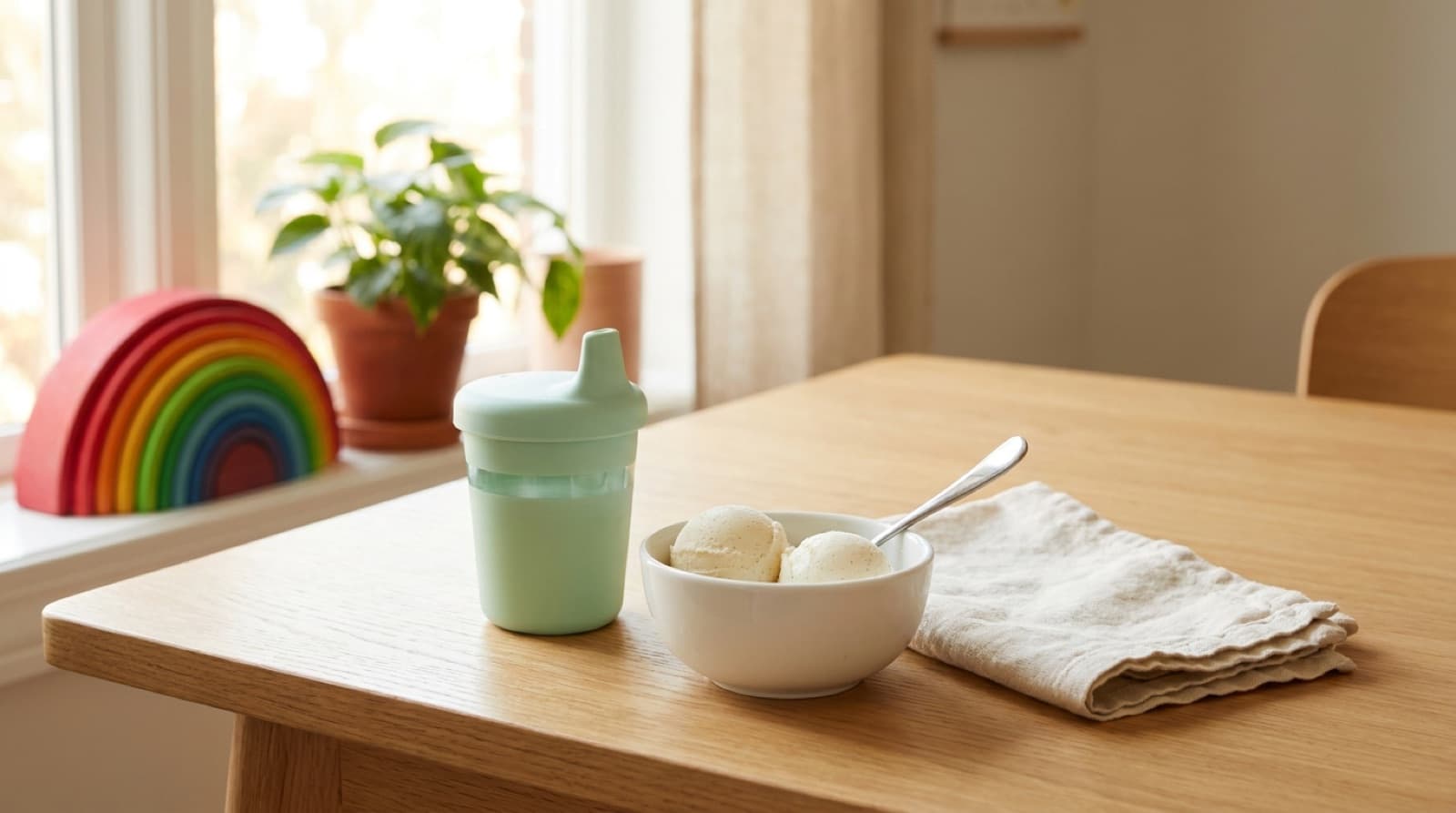 Mintgrüner Kinder-Trinklernbecher mit Wasser und eine weiße Schale mit zwei Kugeln Vanilleeis und einem Löffel auf einem hellen Holztisch, daneben eine gefaltete Leinenserviette, im unscharfen Hintergrund ein Regenbogen-Stapelspielzeug aus Holz und eine Grünpflanze am Fenster