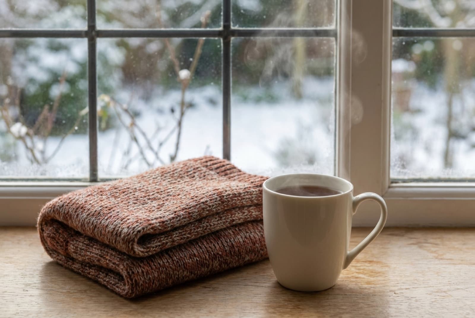Dampfende cremeweiße Keramiktasse mit Tee neben einem gefalteten rostroten Strickschal auf einem hölzernen Fensterbrett, draußen ein verschneiter Garten im weichen Winterlicht
