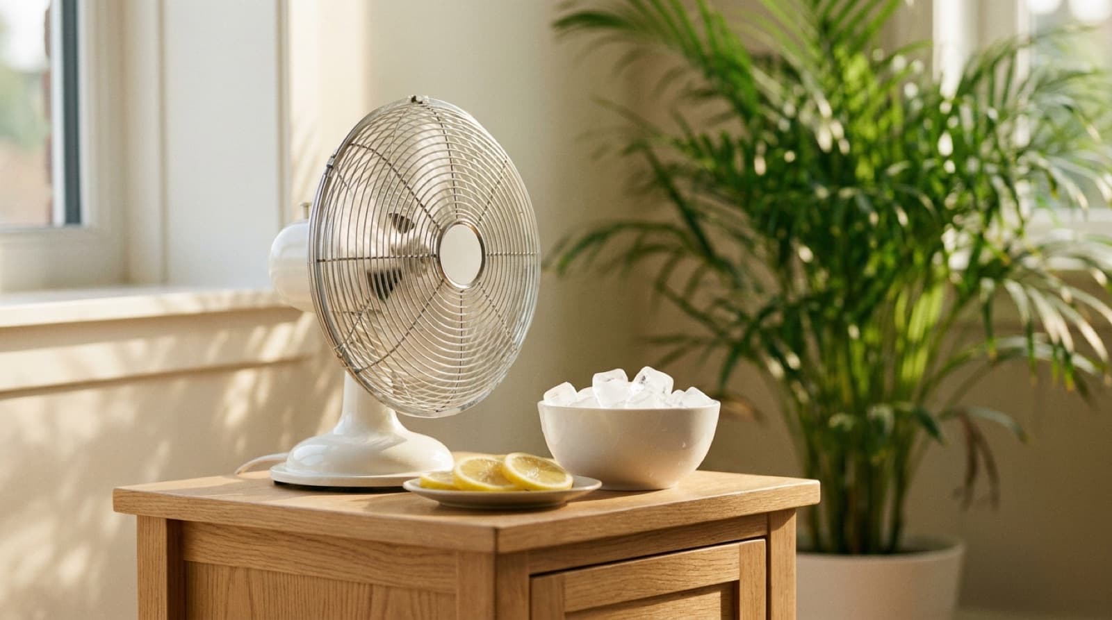 Weißer Tischventilator mit silbernem Gitter auf einem Beistelltisch aus hellem Holz, daneben eine weiße Schale mit Eiswürfeln und ein Teller mit Zitronenscheiben, im Hintergrund eine Zimmerpalme in einem sonnigen Raum
