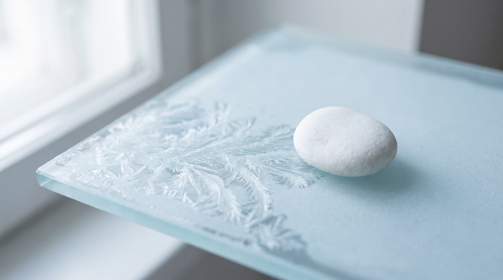 Eisblumen auf einer hellblauen Glasplatte neben einem glatten weißen Kieselstein am Fenster, in kühlem, weichem Tageslicht