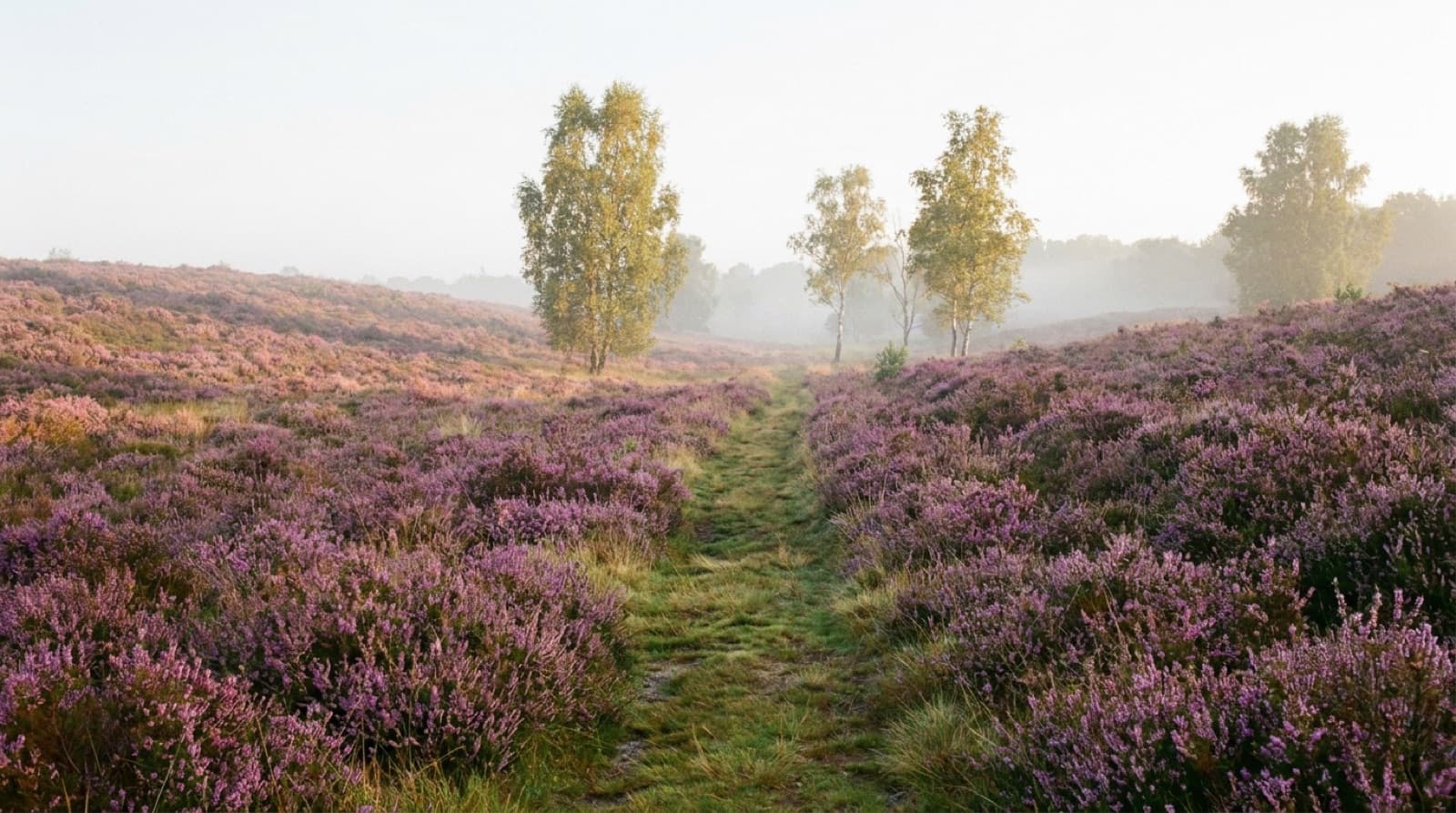 Weite Heidelandschaft mit blühendem violettem Heidekraut, durch die ein schmaler grasbewachsener Pfad zu einigen Birken im Morgendunst führt