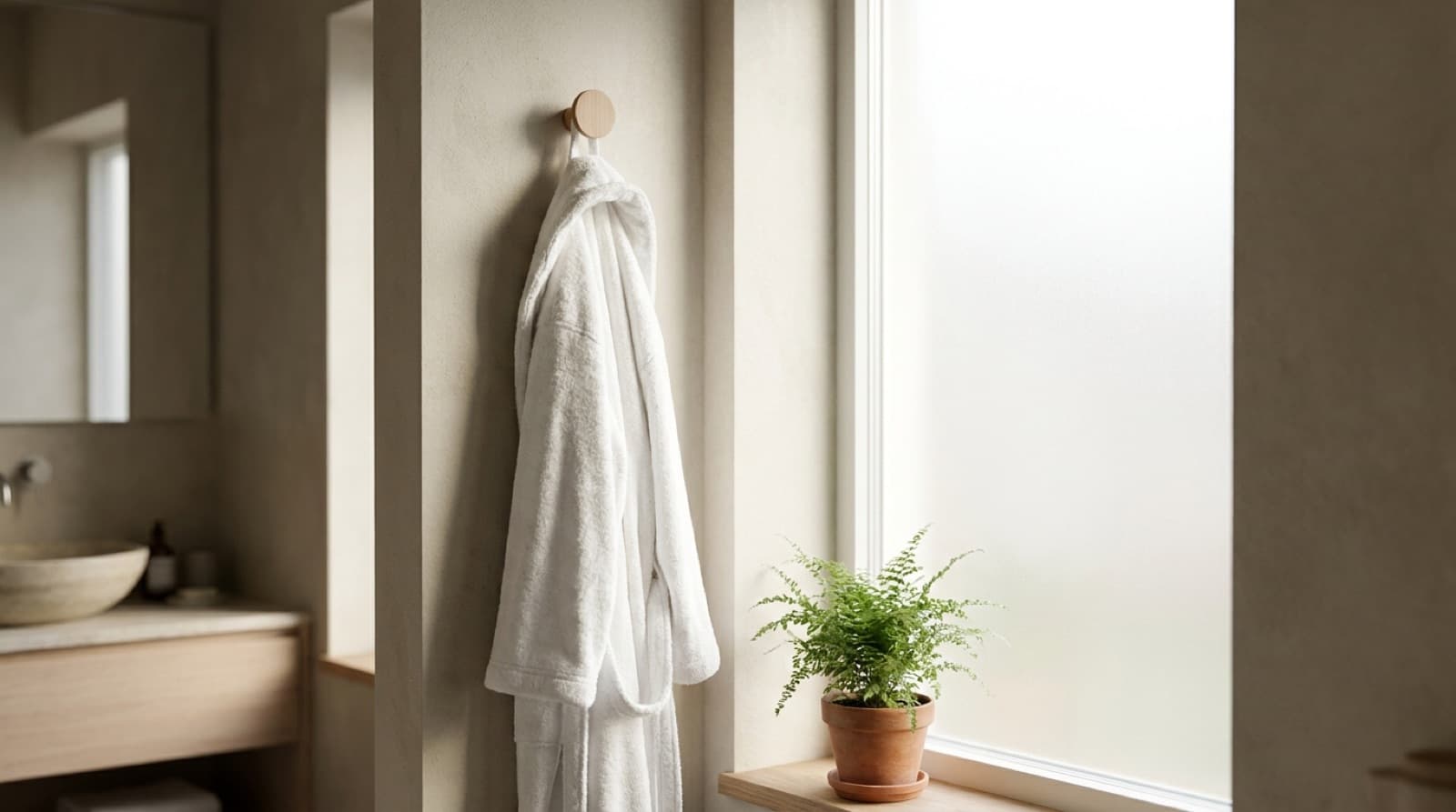 Weißer Bademantel aus Frottee an einem runden Holzhaken neben einem Milchglasfenster in einem hellen Badezimmer, auf der Fensterbank ein kleiner Farn im Tontopf