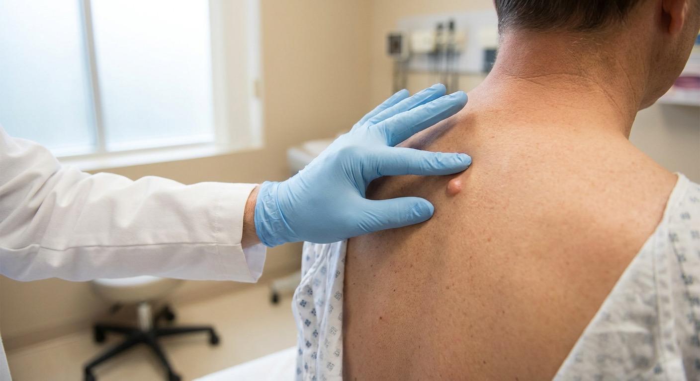 Hautärztin tastet einen weichen, verschieblichen Lipom-Knoten am oberen Rücken eines Patienten ab