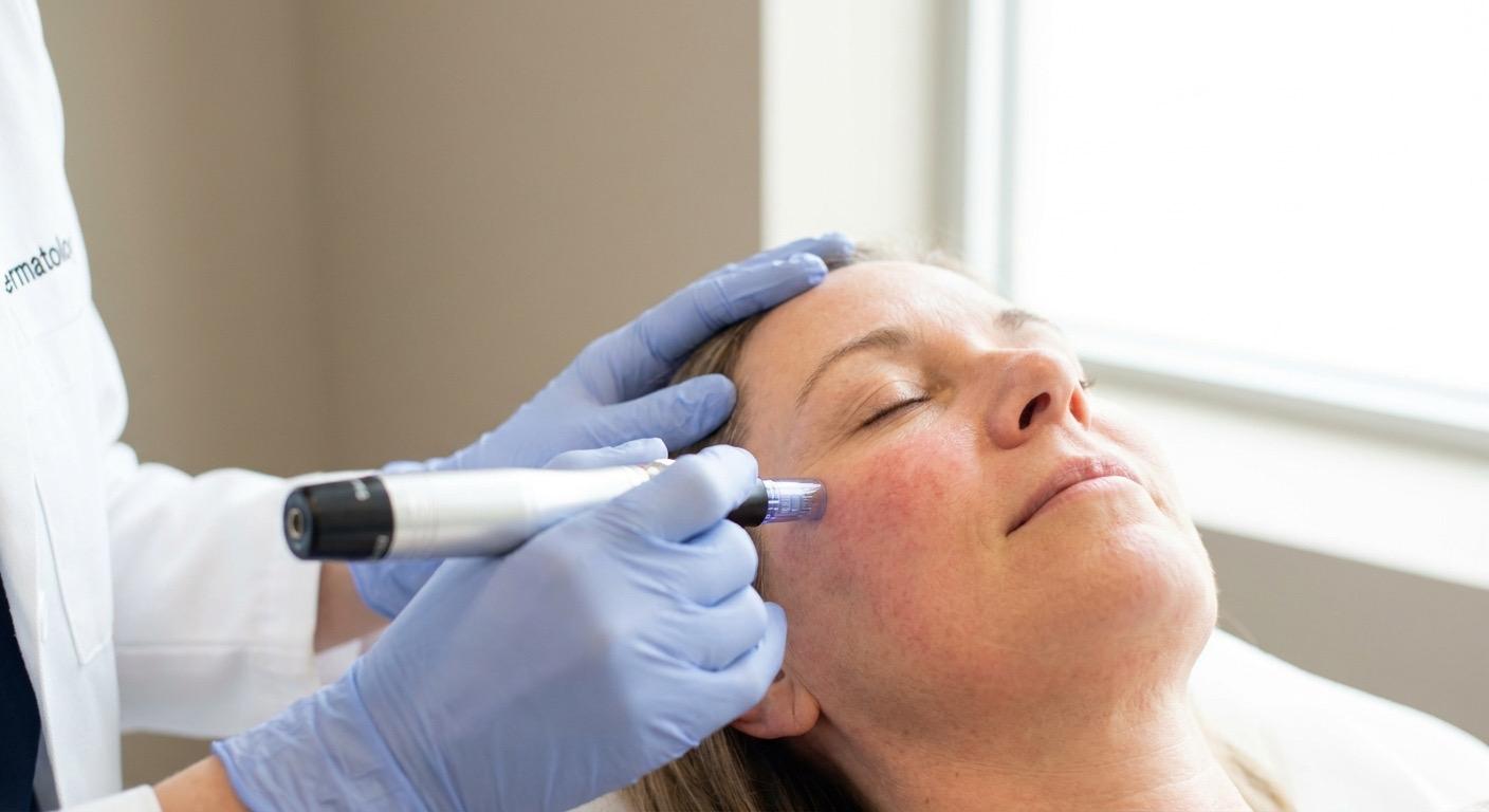Dermatologin führt ein motorisiertes Microneedling-Gerät (Dermapen) über die Wange einer Patientin