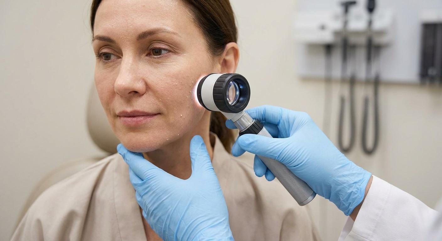 Dermatologin untersucht Milien an der Augenpartie einer Patientin mit einer Lupenleuchte