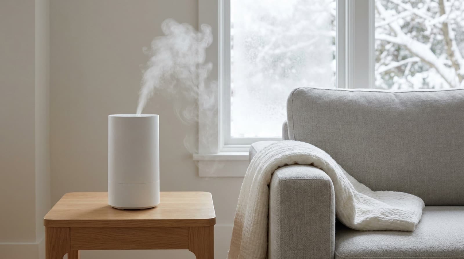 Weißer Luftbefeuchter mit aufsteigendem Nebel auf einem hellen Holzbeistelltisch neben einem grauen Sessel mit cremeweißer Baumwolldecke, dahinter ein Fenster mit verschneitem Garten
