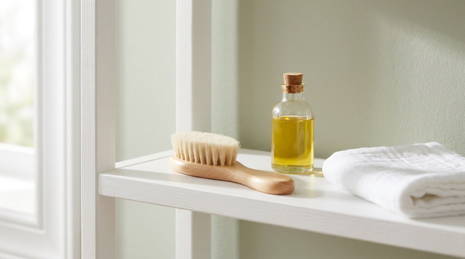 Weiche Babybürste mit Naturborsten und Holzgriff, ein unbeschriftetes Glasfläschchen mit Öl und ein gefaltetes weißes Musselintuch auf einem weißen Regal vor einer hellgrünen Wand