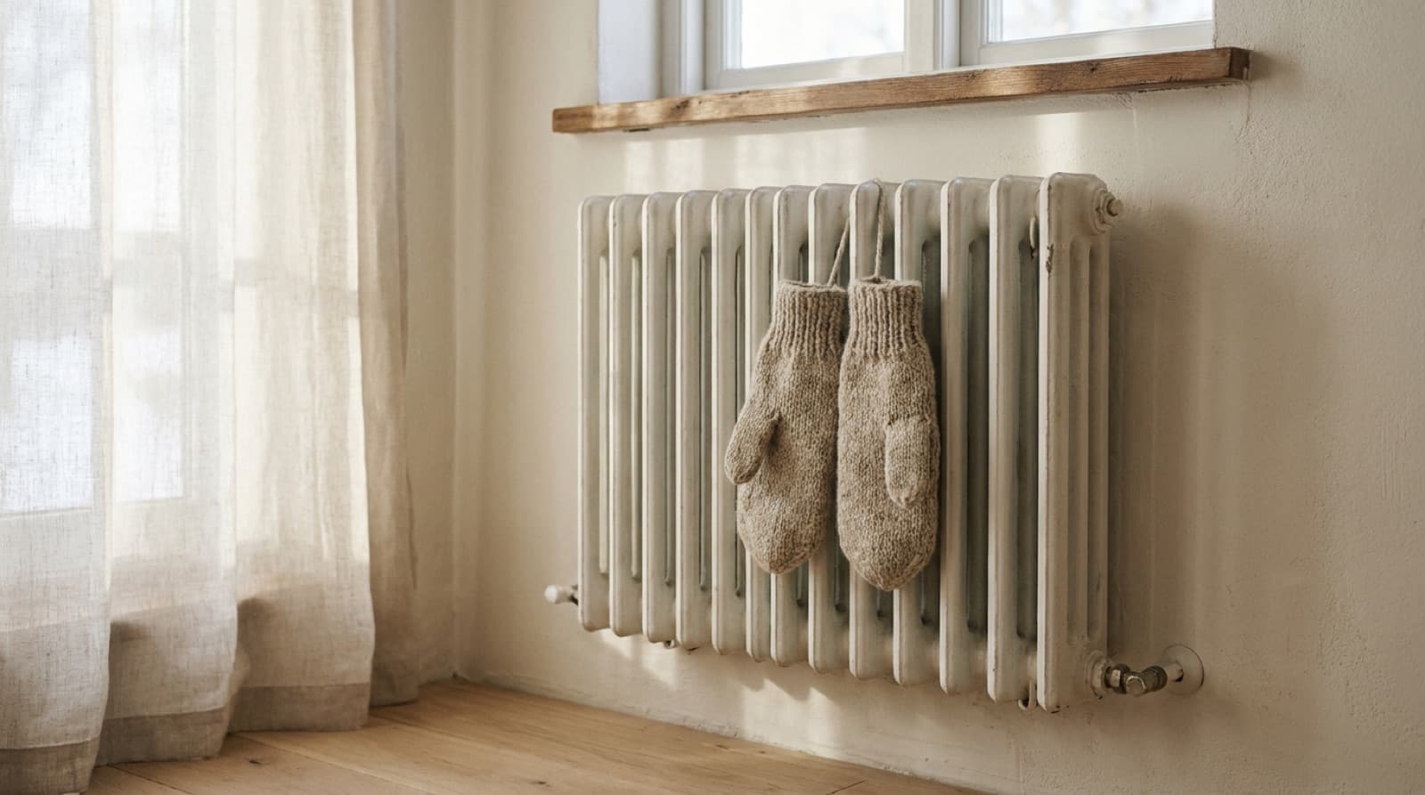 Ein Paar dicke, handgestrickte Fäustlinge aus naturfarbener Wolle hängt zum Trocknen an einem alten, weiß lackierten gusseisernen Heizkörper unter einem Fenster mit Holzfensterbank, links ein heller Leinenvorhang im weichen Tageslicht