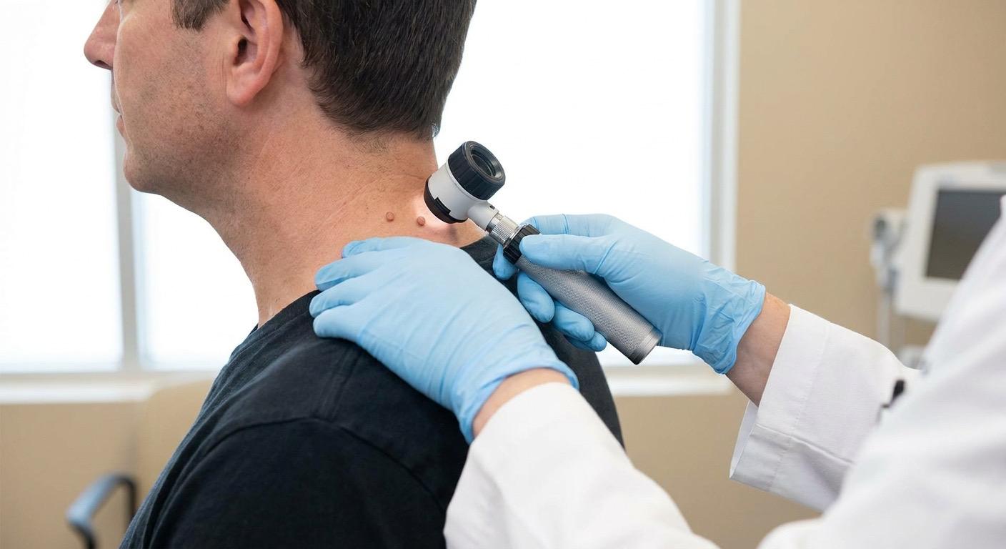 Hautärztin begutachtet ein gestieltes weiches Fibrom am Hals mit dem Dermatoskop