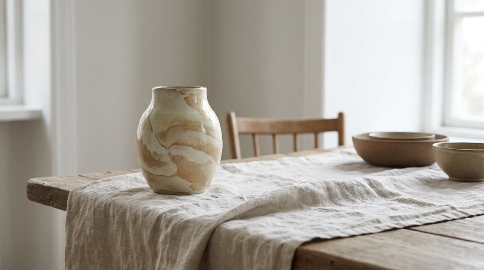 Handgemachte Keramikvase mit unregelmäßiger, fließender Glasur in Creme und Sandbeige auf einem Leinentuch auf einem Holztisch am Fenster, daneben zwei Keramikschalen