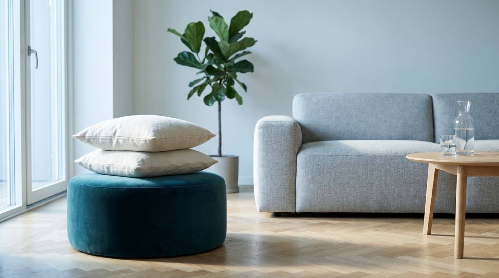 Runder, petrolfarbener Samthocker mit zwei gestapelten cremefarbenen Leinenkissen neben einem hellgrauen Sofa, rechts ein kleiner Holztisch mit Glaskaraffe und Wasserglas, dahinter eine Zimmerpflanze, links eine Glastür, darunter Fischgrätparkett